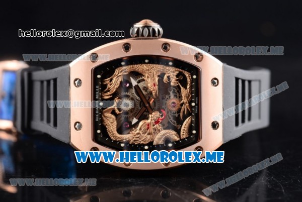 Richard Mille RM 51-01 Tourbillon Tiger and Dragon Asia Manual Winding Rose Gold Case with Seleton Dial and Dot Markers Black Rubber Strap - Click Image to Close